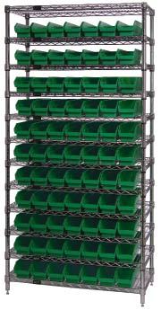 capacity per shelf QWR12-101-GRE QWR12-102-Y 12 Shelves with 77 Bins Bin Size: 4-1/8 W x 11-5/8 D x 4 H QWR12-101-BLK 36 x 12 x 74 114 lbs. $800.50 QWR12-101-BLU 36 x 12 x 74 114 lbs. $800.50 QWR12-101-GRE 36 x 12 x 74 114 lbs.