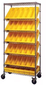 CHROME SLANTED WIRE SHELVING QMWRS-7-602-Y Slanted Shelving Units on Casters with Bins 2 Horizontal Shelves and 3 Slanted Shelves Choose units with Dividable Blue, Gray, or Red Containers 12 Bins: