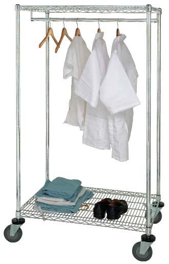 STATIONARY AND CASTER WIRE GARMENT RACKS Stationary and Caster Wire Garment Racks Ideal storage rack for hanging any type of coat or garment. Includes handy bottom shelf for additional storage.