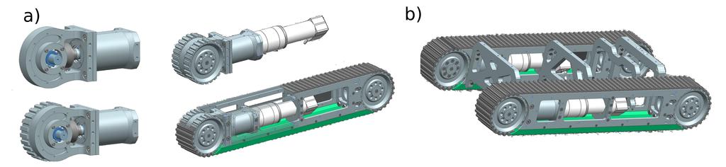 CAD image of the actuation system of the tracks. a) shows drawings of the generic shaft extension and coupling unit and its integration into the track unit.