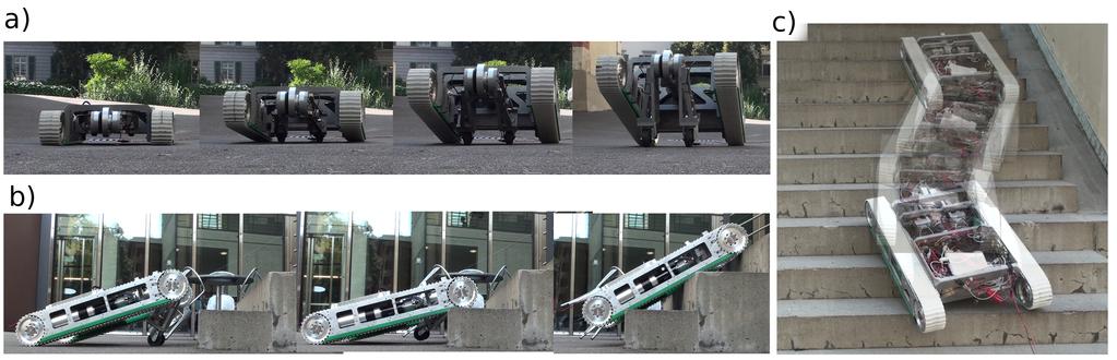 August 23, 2012 15:29 WSPC - Proceedings Trim Size: 9in x 6in CLAWAR2012.pdf 6 Fig. 5. Pictures of the robot deploying the lever arm (a) and climbing up the first steps of a stair (b).