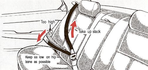 Too high Take up slack Keep as low on hip bone as possible Adjust the position of the lap and shoulder belts.