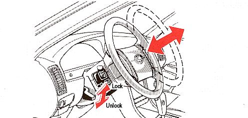 ADJUSTMENT OF TELESCOPIC STEERING COLUMN On Lock Unlock To adjust the steering column length, push the lock release lever down, push or pull the steering wheel to the desired position, and pull the