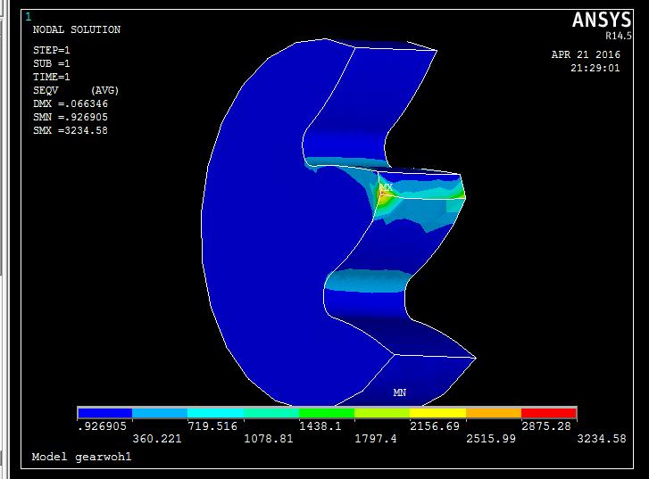 3 2e5N/mm2 8e-6Kg/mm3 Now, the partial 3-D model has been imported to the analysis software ANSYS for the purpose of simulation to find out Von-Misses stress at fillet region of the gear tooth under