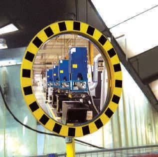 > To avoid collisions at blind spots on industrial sites and in warehouses. > The yellow and black frame adheres to EU directive CE 92/58 concerning signing and safety in the work place.