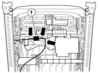 folding the backrest. Applies to the left-hand front seat. Carry out points 84-86. Route the cable harness under the seat. Connect the cable harness from the floor to the connector (1).
