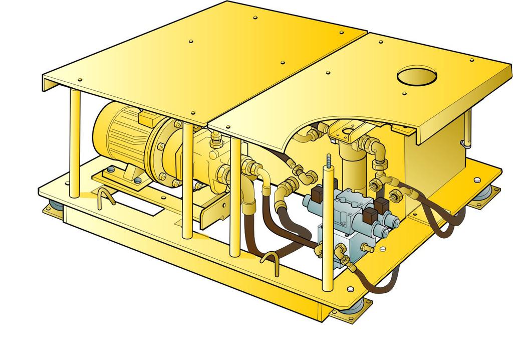 Hydraulic Power Pack Electrical System The power pack consists of a tank, electrical, a pump, and filters. All together shock mounted in a sturdy frame with protection covers.