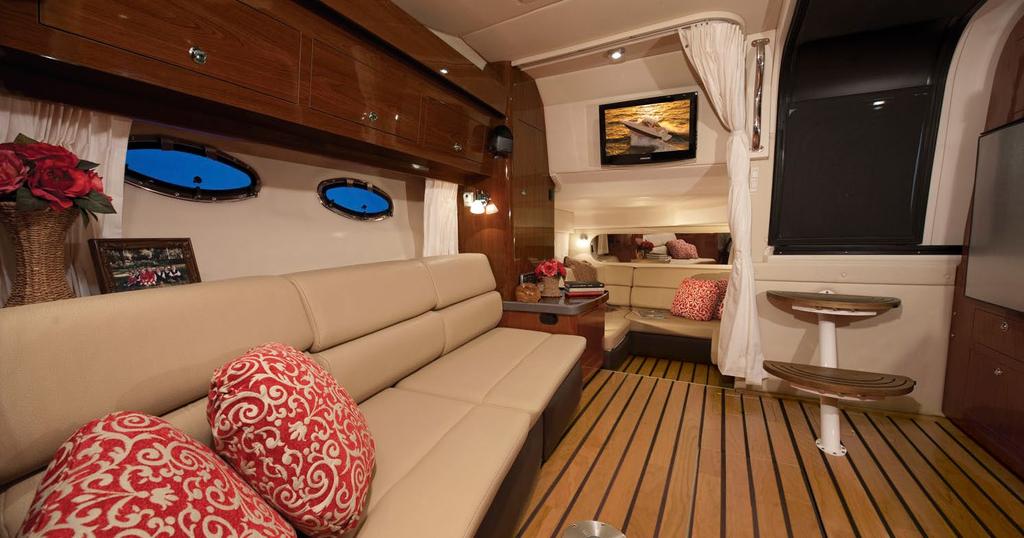FEATURES CABIN & SALON Positive Locking Doors Amtico Birch Flooring Fusion Marine Sound - 2 cabin speakers Fusion 700 Marine Stereo LeatherCrest Upholstery 32 LED TV Hand Crafted Cabinetry Sofa
