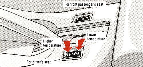 SEAT HEATER SWITCHES For front passenger s seat Higher temperature Lower temperature For driver s seat To turn on the seat heater, push the switch to HI (high heating temperature) or LO (low heating