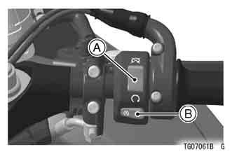 Right Handlebar Switches A. Engine Stop Switch B. Starter Button Engine Stop Switch In addition to the ignition switch, the engine stop switch must be in the position for the motorcycle to operate.