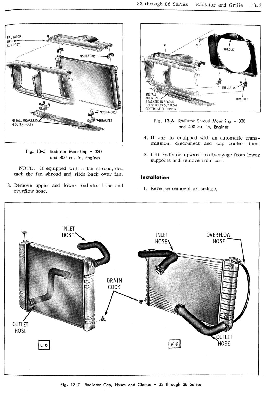 33 through 86 Series Radiator and Grille 13-3 Fig. 13-6 Radiator Shroud Mounting - 330 and 400 cu. in. Engines Fig. 13-5 Radiator Mounting - 330 and 400 cu. in. Engines NOTE: If equipped with a fan shroud, detach the fan shroud and slide back over fan.