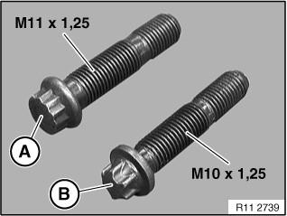 Important: On vehicles produced up to 12/13/2002, the M11 x 1.25 connecting rod bolts (A) will be reused with the new bearings.