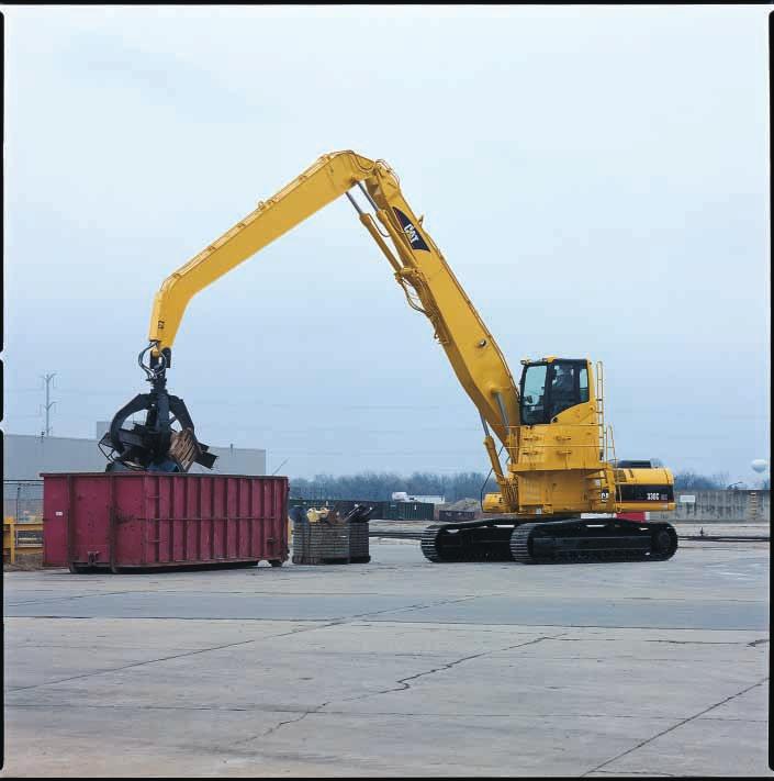 4 m), which meets aggressive reach requirements in material handling applications. The Cat 1.25 CYD (0.96 cu. m) Orange Peel Grapple is an excellent fit for these requirements.