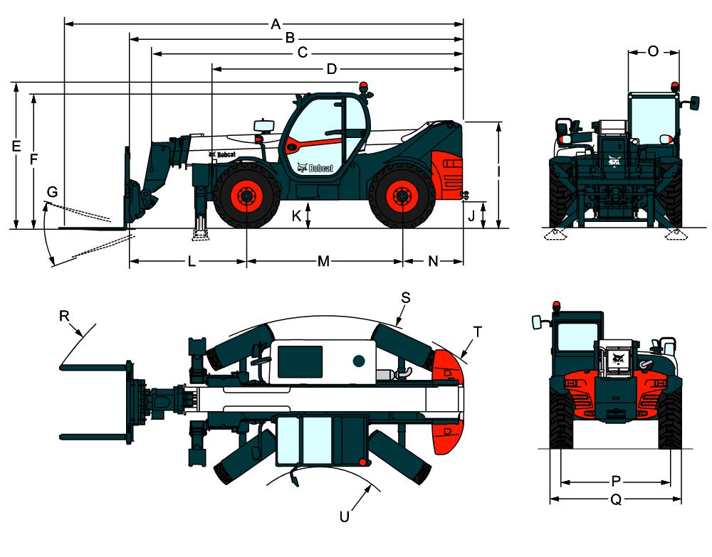 Dimensions (A) Overall length (with forks) 7425.0 mm (B) Overall length (with carriage) 6164.0 mm (E) Overall height (with rotating beacon) 2670.0 mm (F) Overall height 2476.