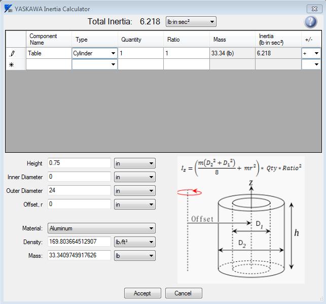 Next, select the Inertia Calculator next to the Rotating Inertia entry field. The inertia of the system can be calculated in three parts: The table, the holes, and the loads.