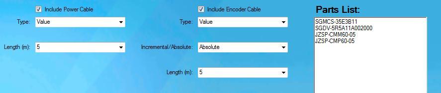 The Parts Selection tab is used to select the cables for this application. Change the Length to 5 meters as required by the customer and the part numbers will be generated.