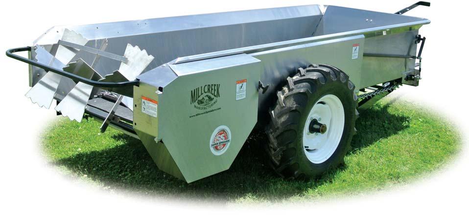 Ribbed tires for PTO Optional upper beater available Model 77ss (72 cubic feet, or 58 bushel capacity) For up to 20 horses The Millcreek Model 77 features heavy gauge steel, farm-tough construction