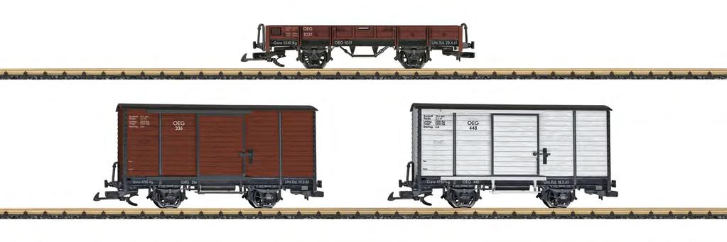 49350 100 Years of OEG Freight Car Set This freight car set consists of 3 freight cars. Two of them are boxcars and one is a low side car. The cars look as they did in Era III.
