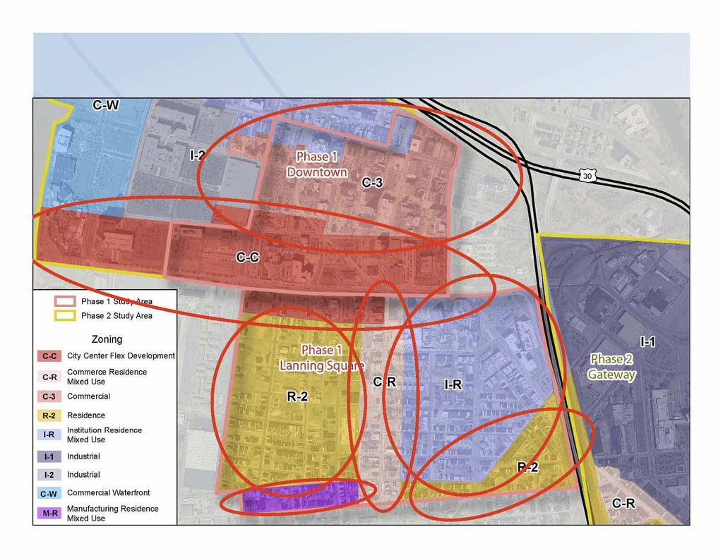 Zoning Districts Phase Phase 2 Study Area Zoning City Center Flex De, elopm,m, 1 C-R C-3 R-2 I-R Commerce Residence Mi)(ed Use