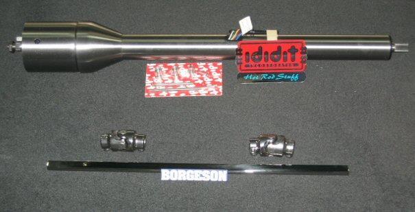 The stock steering column can be cut and modified to work but I chose an Ididit brushed steel two inch diameter tilt retro fit steering column (TCI # 326-3100-00) and a Borgenson steering linkage
