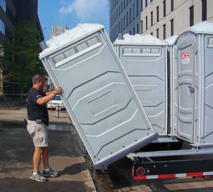 Some operators use a hand truck called a Super Mongo Mover with four, six or eight tires and a tall handle for greater maneuverability and easier loading and unloading of portable restrooms.