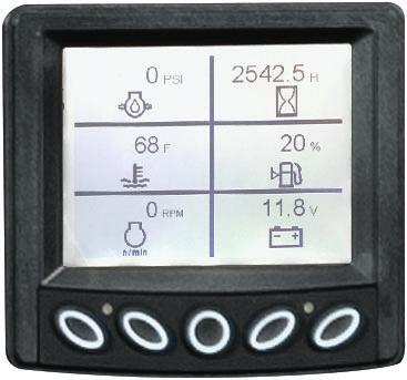 Electronic engine display simultaneously displays fuel level, engine hours, coolant temperature, oil pressure, battery volts,