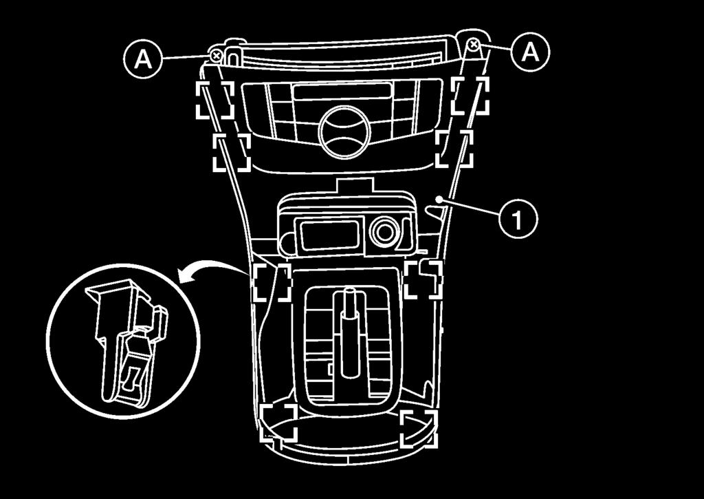 CENTER CONSOLE ASSEMBLY < REMOVAL AND INSTALLATION > 2. Remove the shift selector finisher (1). a. Remove cluster lid C lower.