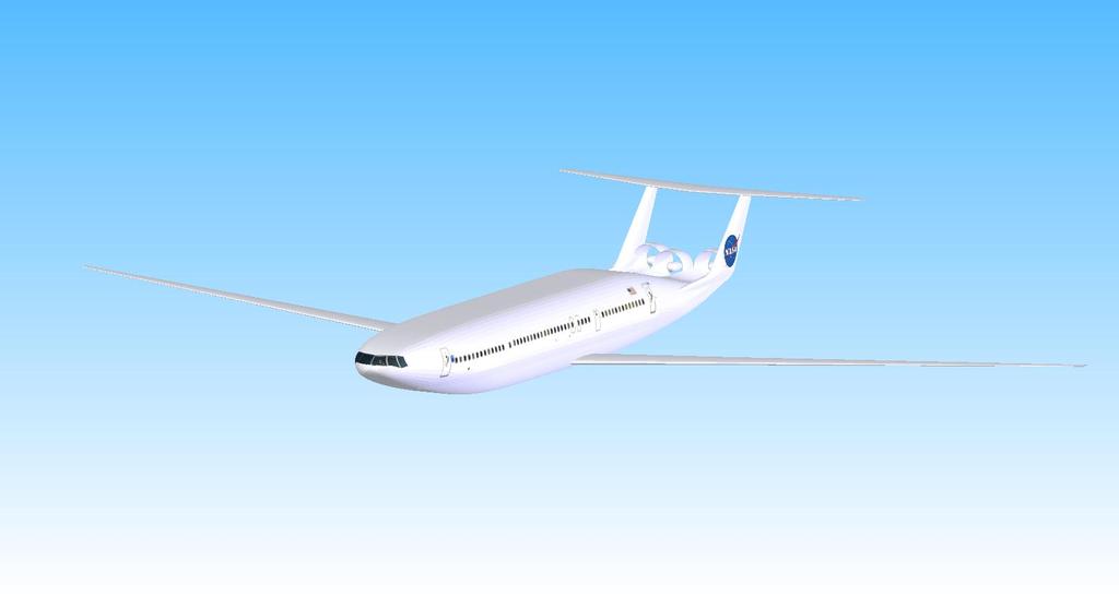 D8 Double Bubble Configuration with current technologies Payload: 180 PAX Range = 3000 nm Double bubble lifting fuselage with pi-tail Engines flush-mounted at aft fuselage with