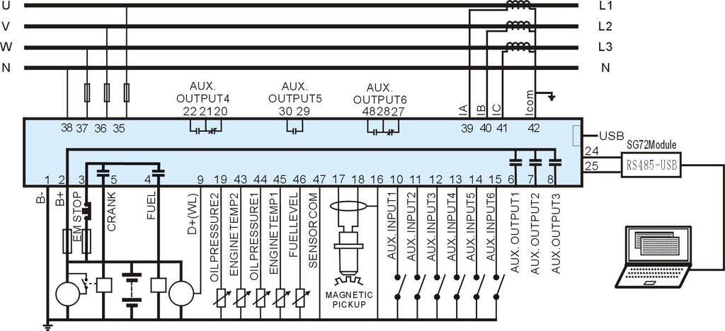 10 TYPICAL WIRING DIAGRAMS HGM6310D Typical wiring diagram HGM6320D Typical wiring diagram Note: If the engine starting battery voltage is 24V, starting output, fuel output and stop