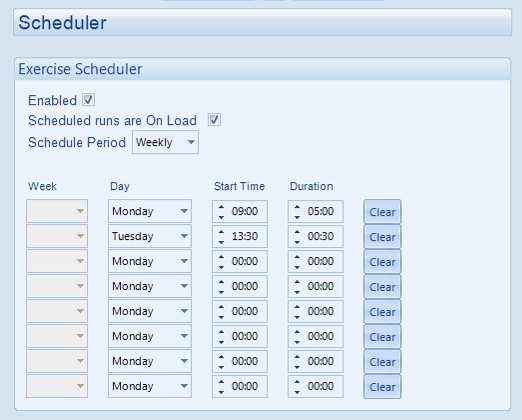 Operation - Scheduler 6.7 SCHEDULER The controller contains an inbuilt exercise run scheduler, capable of automatically starting and stopping the set.