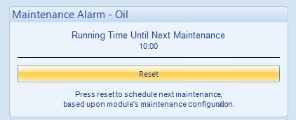 The method of reset is either by: Activating an input that has been configured to Maintenance Reset Alarm x, where x is the type of maintenance alarm (Air, Fuel or Oil).