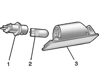 Reinstall the taillamp cover by snapping it into place. License Plate Lamp Passenger Side Shown, Driver Side Similar 2. Bulb 3. Lamp Assembly To replace one of these bulbs: 1.