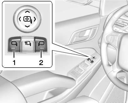 Keys, Doors, and Windows 53 Power Mirrors Shown with Power Folding Mirrors, Manual Folding Similar To adjust the mirrors: 1. Press (1) or (2) to select the driver or passenger side mirror.