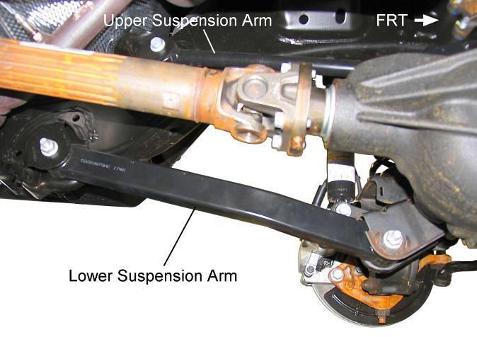 NOTE: To keep the front axle from tipping, disconnect the suspension arms one side at a time only. 1) Support the front axle with a floor jack.
