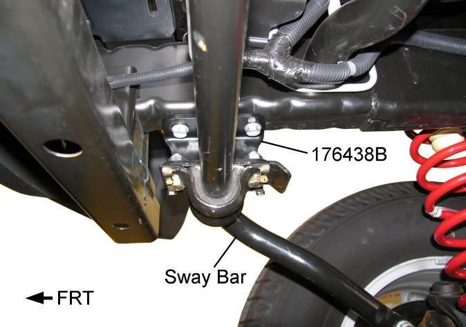 SWAY BAR DROP BRACKET INSTALLATION (NON-RUBICON MODELS) 1) Attach sway bar drop brackets (176438B) to the frame rails with the original hardware. Face open side of bracket inward. 2) Flip sway bar.