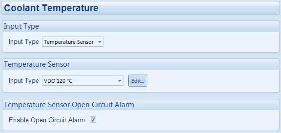 2.3.2 COOLANT TEMPERATURE Parameter Input Type Temperature Sensor Input Type Enable Open Circuit Alarm Description Select what the analogue input is to be used for: Digital Input Temperature Sensor