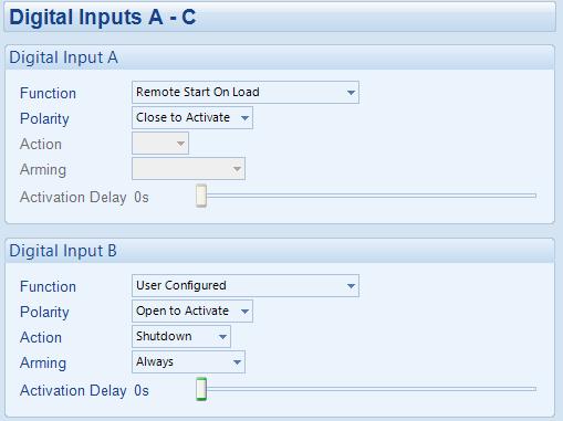 Example of a user configured input Close or Open to activate Parameter Funtion Polarity Action Arming Activation Delay Description Select the input function to activate when the relevant terminal is