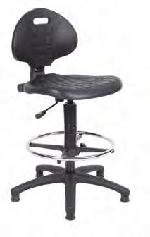 Polyurethane industrial operator chair ode escription PRM300G1 raughtsmans chair Mechanisms Gas lift adjustment 30mm glides Large 5 star base hrome plated foot ring Extended 355mm gas lift ontoured