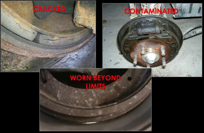 Brake Systems Brake Linings, Drums, Rotors 393.47 Linings cannot be cracked, broken or be contaminated with any grease or oil such as with a leaking wheel seal.