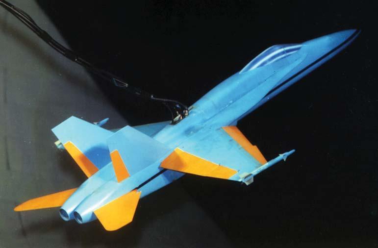 The F/A-18A free-flight model during tests in the Langley 30- by 60-Foot Wind Tunnel in 1978.