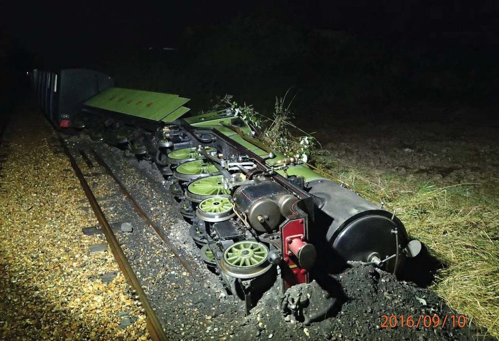 Romney Hythe and Dymchurch locomotive Number 1 'Green Goddess' lying on its side after the accident The tractor driver had used the crossing several times earlier in the day and the gates were open