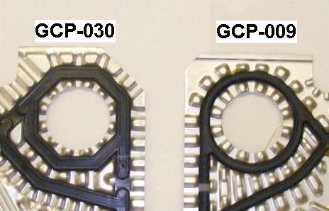 PLATE IDENTIFICATION: E2A(SW) & E2B(SW): Current GCP-009 plates have thinner circular gaskets around ports. Previous GC-030 plates have thicker octagonal gaskets around ports.