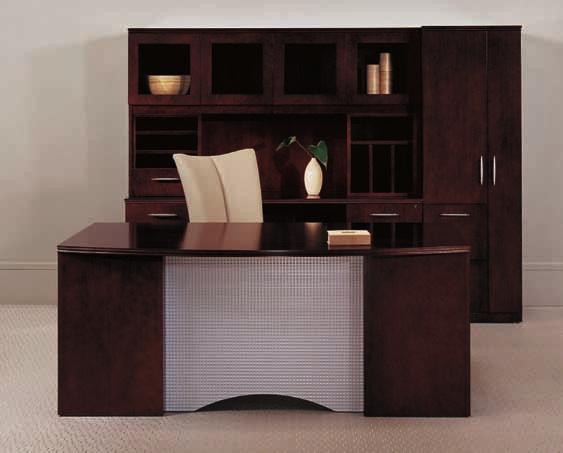 DESK MODESTY PANELS TAILOR WORKSPACES WITH A CHOICE OF FOUR DESK MODESTY OPTIONS: ARC WOOD, ARC SATIN NICKEL METAL LAMINATE, PERFORATED SATIN NICKEL METAL, OR PERFORATED BLACK METAL.