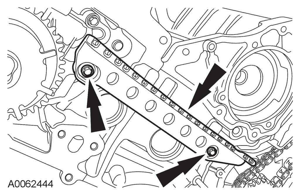 303-01B-4 303-01B-4 12. Remove the RH and LH timing chains and the crankshaft sprocket. Remove the RH timing chain from the camshaft sprocket. Remove the RH timing chain from the crankshaft sprocket.