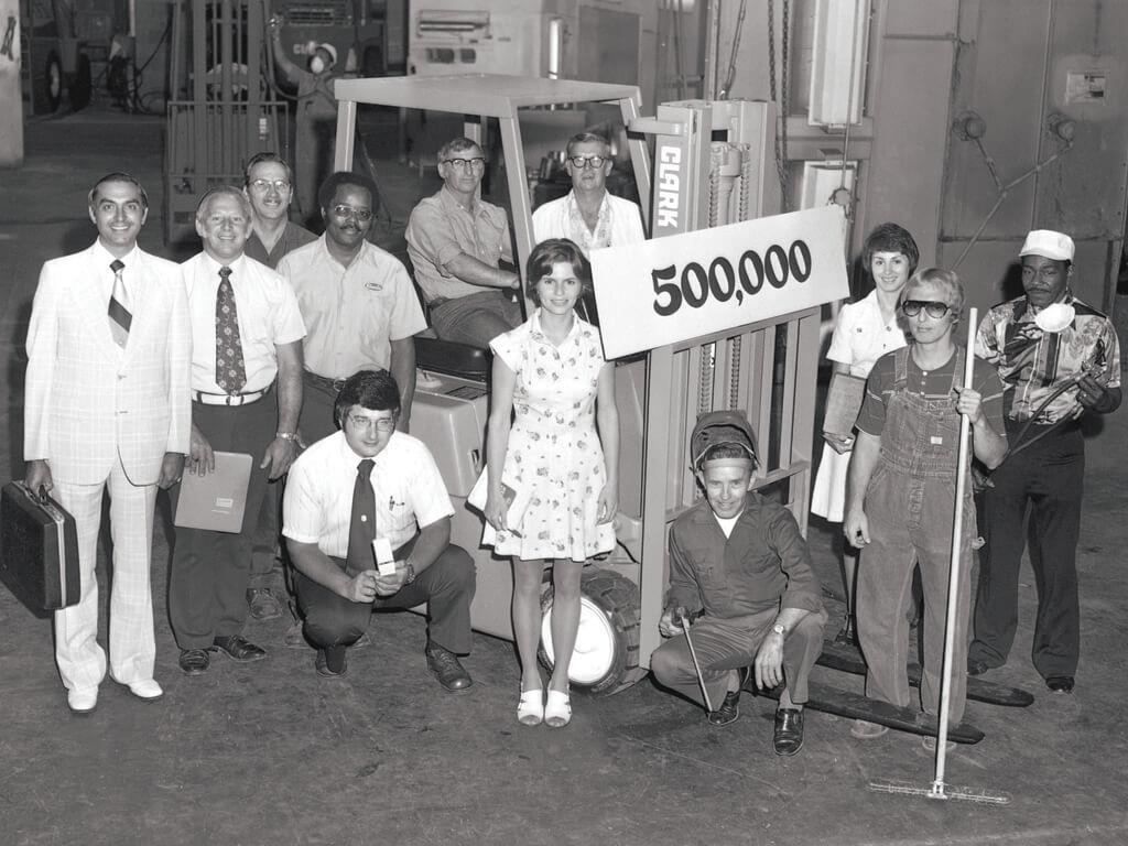 1976 CLARK builds its 500,000th truck, a C500-50 internal combustion four wheel fork lift
