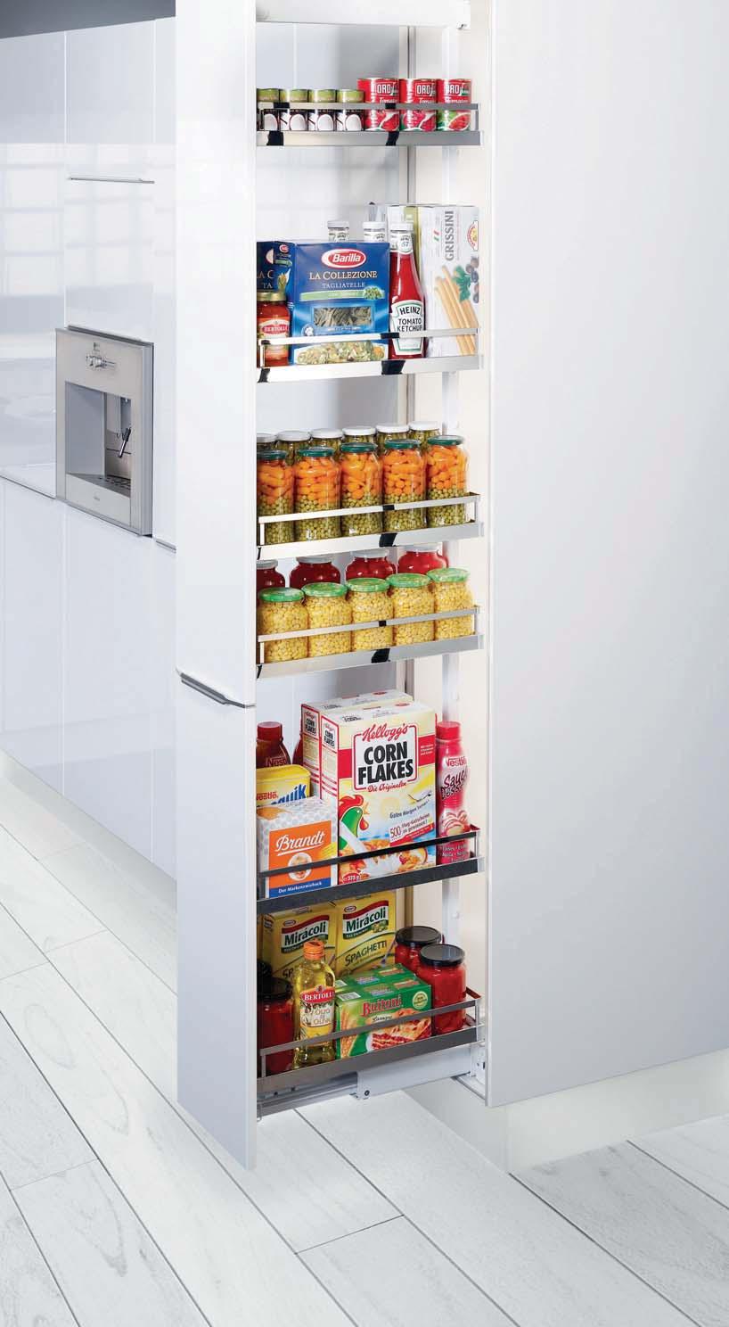 100 KG PULL OUT PANTRY UNIT Includes full extension bottom and top runner, including Soft Stopp Plus, height adjustable frame, door rails, front panel brackets, and installation instructions Internal