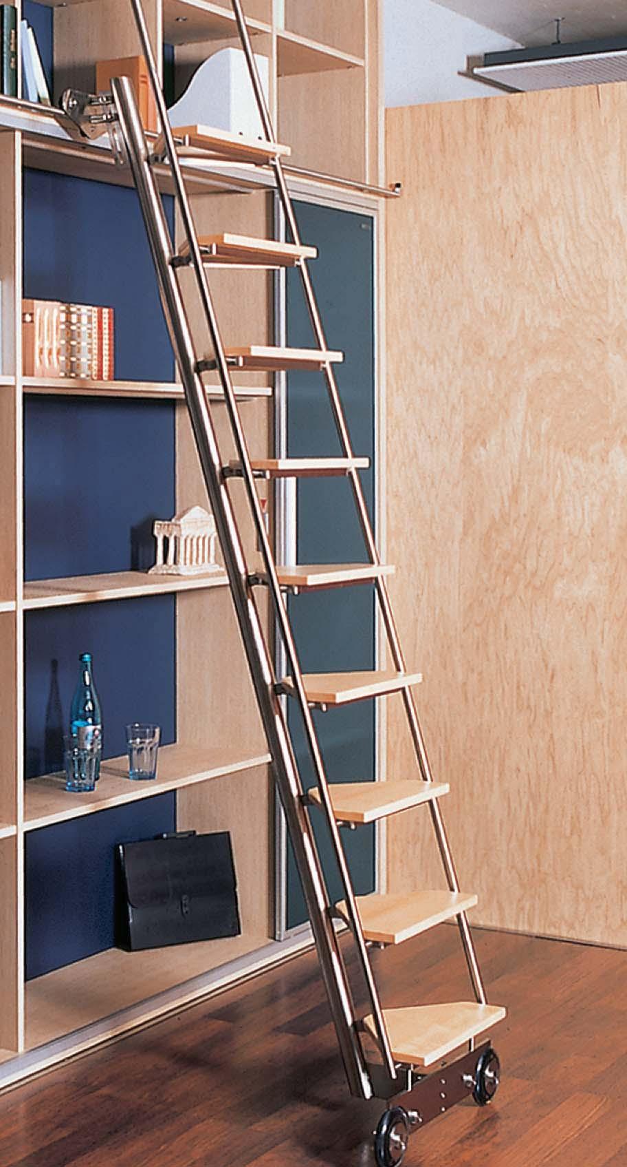 SLIDING LADDER Material: Frames, handrail and step holders made of stainless steel, steps made of birch or beech veneer plywood Finish: Frames: Matt brushed, Steps: Clear lacquered Width: 450 mm,