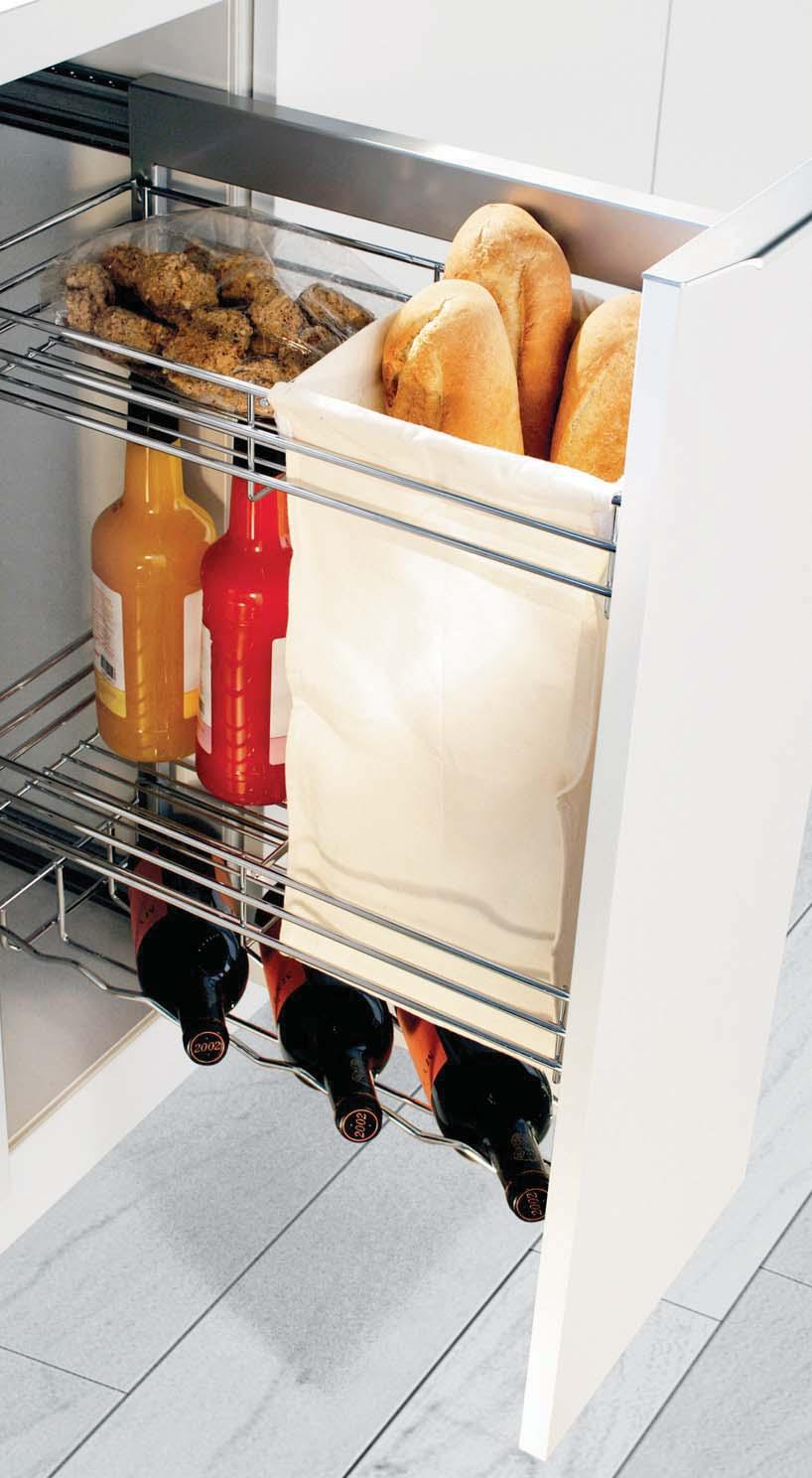 With BREAD AND BOTTLE BASKET Complete set with full extension frame, 1 bottle rack, 2 baskets with 1 bag for bread.