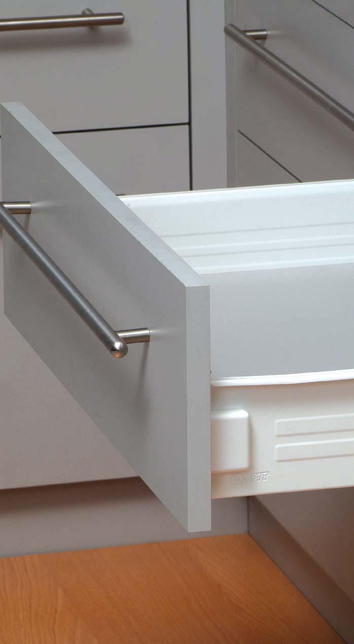 FUNKTION SINGLE SIDED DRAWER SYSTEM Single extension, with self-closing feature and two dimensional adjustment. Double out stop safety feature. Locked in position when extended.