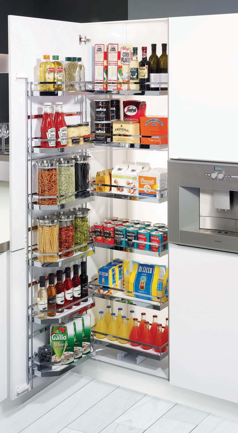 SHELVES/BASKETS INCLUDED PANTRY UNIT - TANDEM For cabinet widths between 450, 500 and 600 mm. Complete set consists of runner, pull-out frame, trays/basket and doorshelf (trays/baskets).